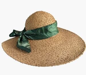 Bonwit Teller Vintage 70s Makins New York Wide Brim Straw Sun Hat Green Scarf